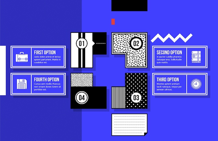 Vector four numbered options arranged in a square in fancy geometric style