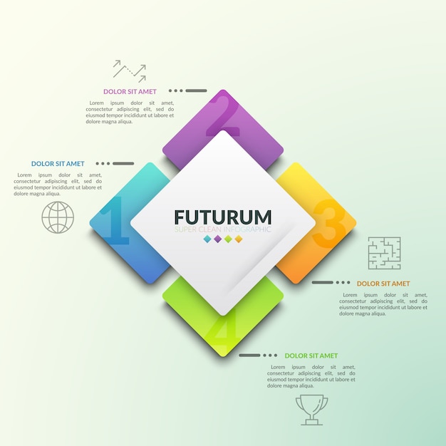 中央の要素の周囲に配置された4つの番号付きの正方形要素で、ピクトグラムとテキストボックスを行ごとに収集します。インフォグラフィックデザインテンプレート。
