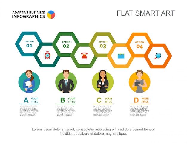 Four options process chart slide template. business data.