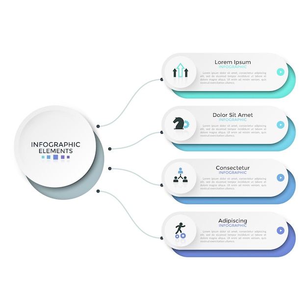 4개의 흰색 둥근 요소, 옵션 또는 특성이 기본 원에 선으로 연결되어 있습니다. 현대 infographic 디자인 레이아웃입니다. 비즈니스 프레 젠 테이 션, 브로셔, 보고서에 대 한 벡터 일러스트 레이 션.
