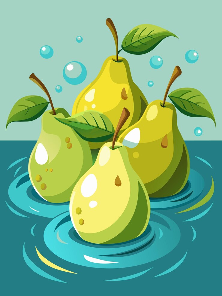 Vector four pears floating in blue water with bubbles