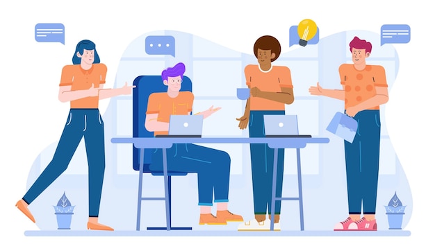 four people in a business team are having a meeting discussing about business strategy and idea in the office