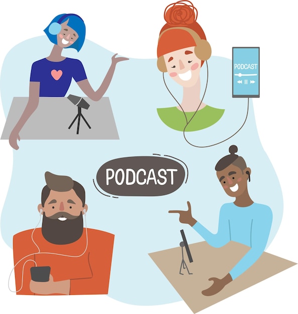 Four people listening and hosting a podcast. Vector isolated illustration.