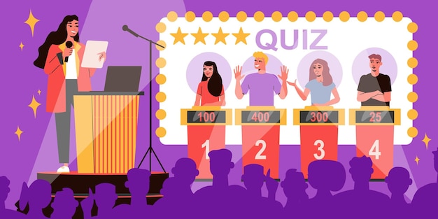 Vector four people participating in tv quiz show with female host and audience silhouette flat vector illustration