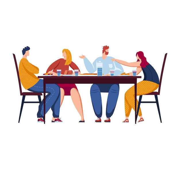 Vector four people sitting at a dining table enjoying a meal together casual dining two women and two men engage in conversation friends or family gathering and eating vector illustration