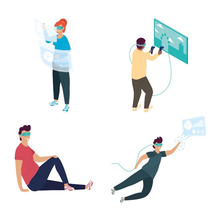 Vector four persons using virtual reality masks  illustration design