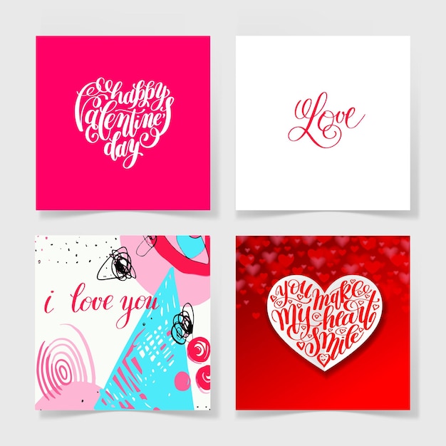 Vector four pieces blank sheet of square paper with handwritten lettering and heart shape