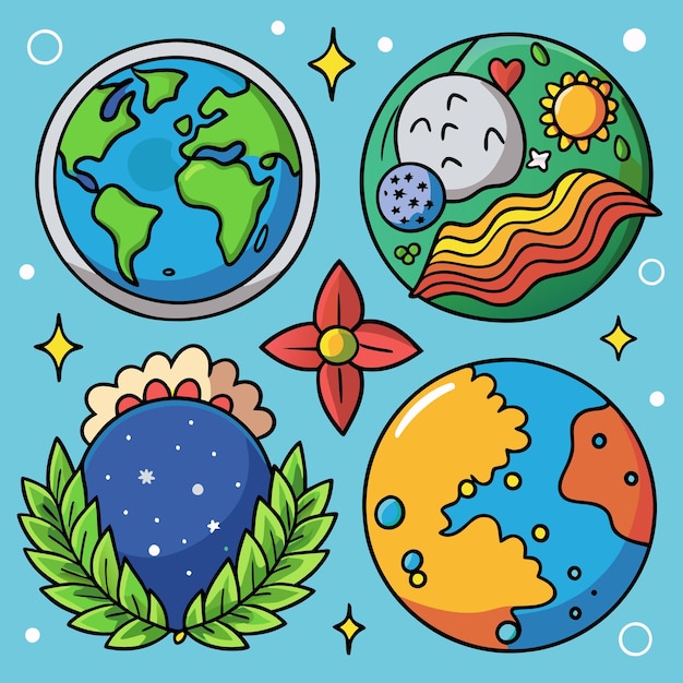 Vector four planets with different features and colors on blue background