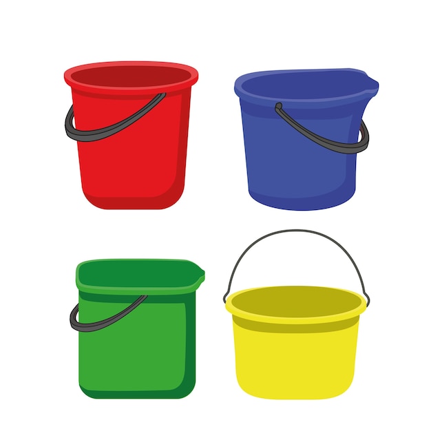Four plastic buckets on a white background of red, yellow, green and blue.