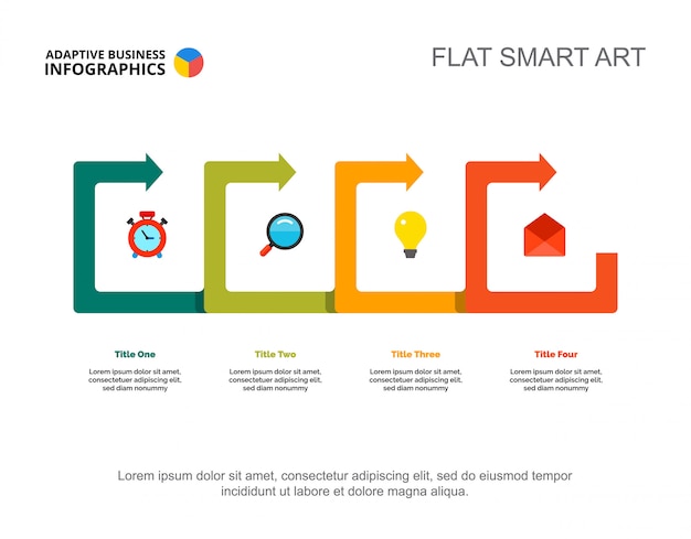 Four points process chart slide template. Business data. Idea, review, design