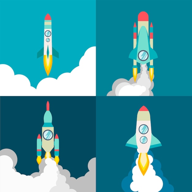 Четыре плаката ракетного корабля в плоском стиле Космическое путешествие в космос Векторная иллюстрация с летающими мультяшными ракетами