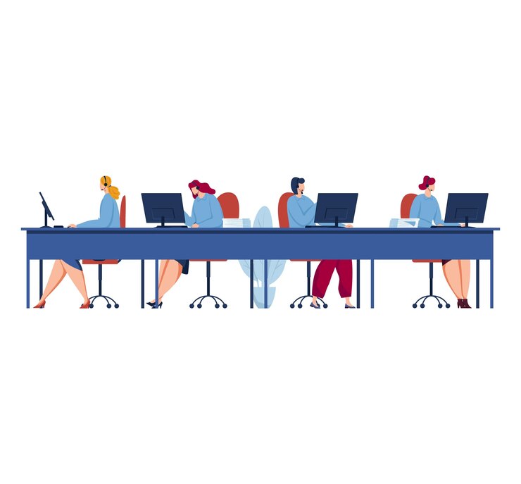 Vector four professionals working at computers in modern office team members focused on screens office life