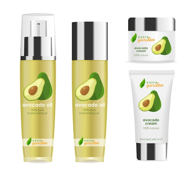 Vettore quattro tubi cosmetici realistici con tappi argentati, design avocado