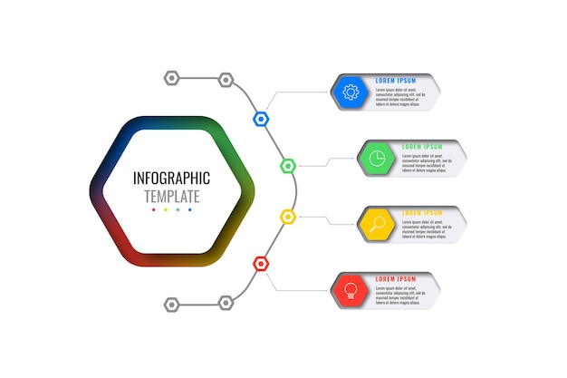 four realistic hexagonal elements business infographic template with thin line icons on a white