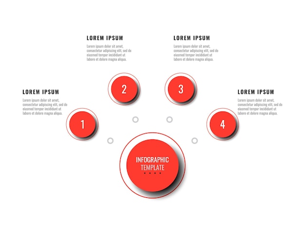 Four red infographic elements with realistic shadow in horizontal diagram on a white background