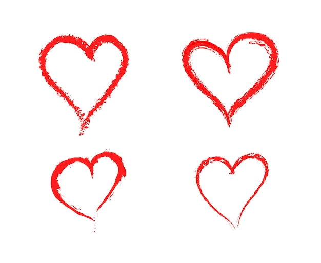 Vector four romantic hearts painted with a paint brush.