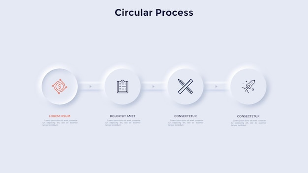 Vettore quattro elementi rotondi posizionati in fila orizzontale e collegati da frecce concetto di 4 fasi del processo di sviluppo aziendale modello di progettazione infografica neumorfica illustrazione vettoriale piatta moderna