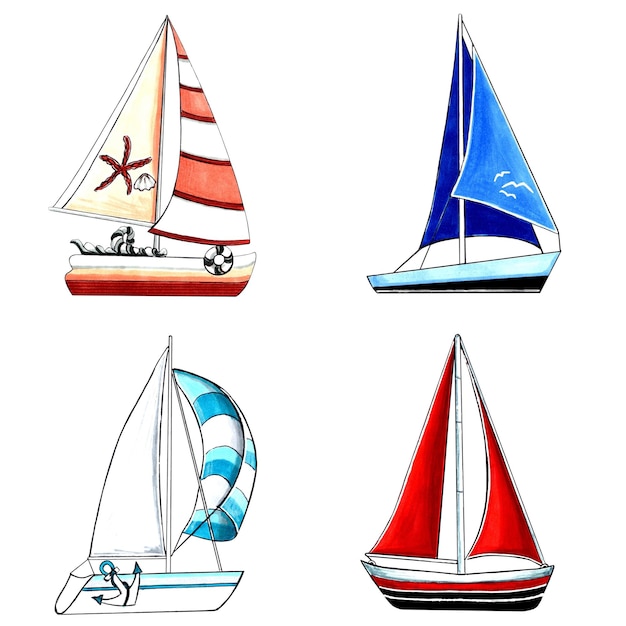 Vector four sailboats with brown, beige, blue, red, aqua color sails.