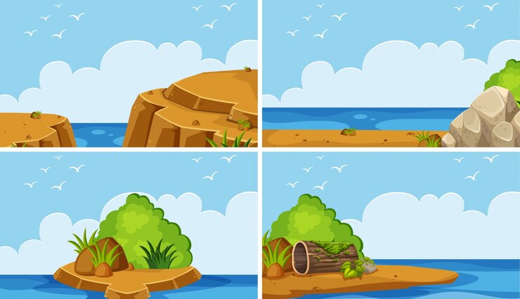 Vector four scenes of ocean at day time