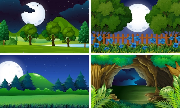 Four scenes of park at night time