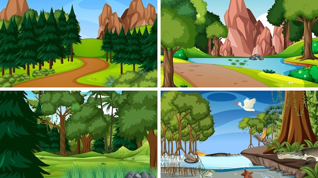 Vector four scenes with animals in the woods