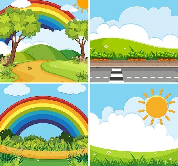 Four scenes with rainbow and sun in sky