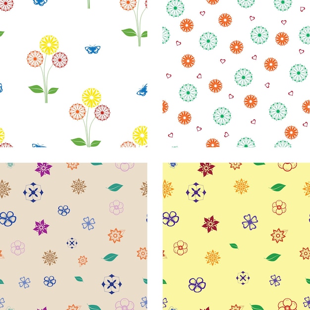 Four seamless vector texture consisting of flowers leaf butterflies hearts