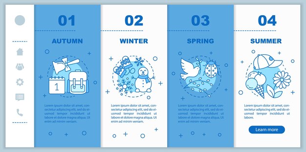 Four seasons onboarding mobile web pages vector template