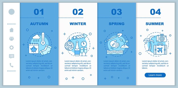 Four seasons onboarding mobile web pages vector template