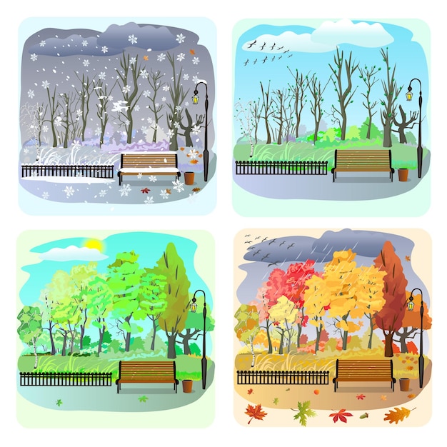 Four seasons, winter, spring, summer, autumn. Migratory birds, picturesque landscapes.