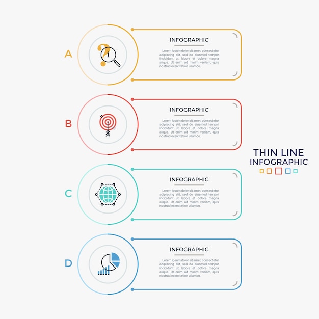 Four separate rectangular elements with linear symbols and place for text arranged in vertical row. list of 4 business features to choose. minimal infographic design layout. vector illustration.