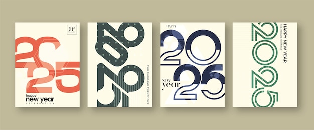 Vettore quattro set di happy new year 2025 designs disegni retrò classici 2025 tipografia logo design per la celebrazione e la decorazione della stagione 2025 nuovo anno minimalista sfondo alla moda