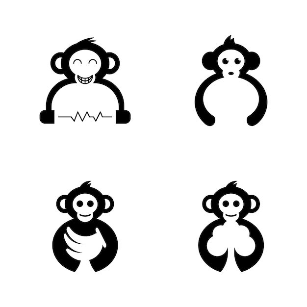 четыре набора логотипа обезьяны. комбинация с наушником, бананом и деревом. простой и современный стиль