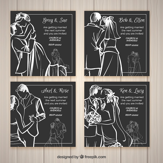 Vector four sketch style wedding invitations