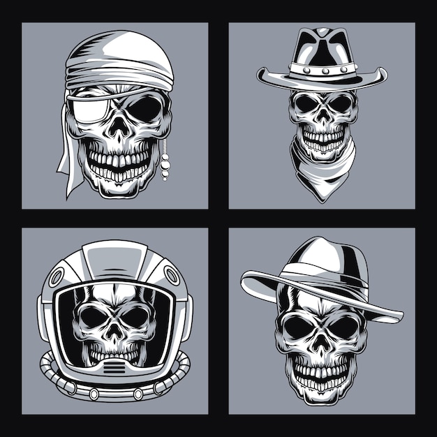 Vector four skulls heads drawn style