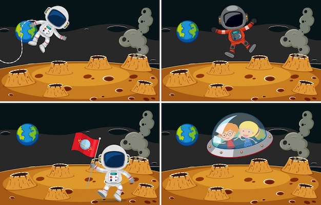 Four space scenes with astronauts flying