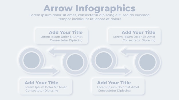 Modello di diapositiva di presentazione aziendale neumorfica infografica con freccia circolare a quattro passaggi