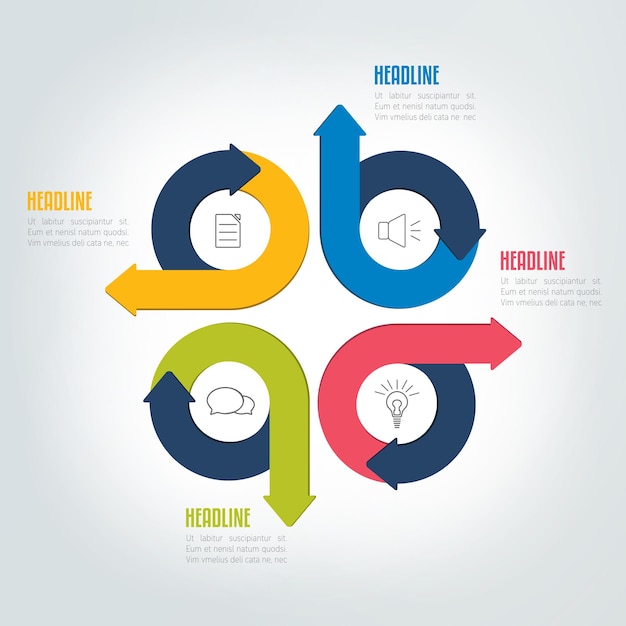 Modulo del diagramma grafico del modello di schema infografico della freccia del cerchio di quattro passaggi