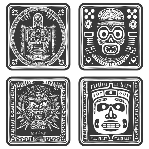 Vector four stylized black and white aztec masks