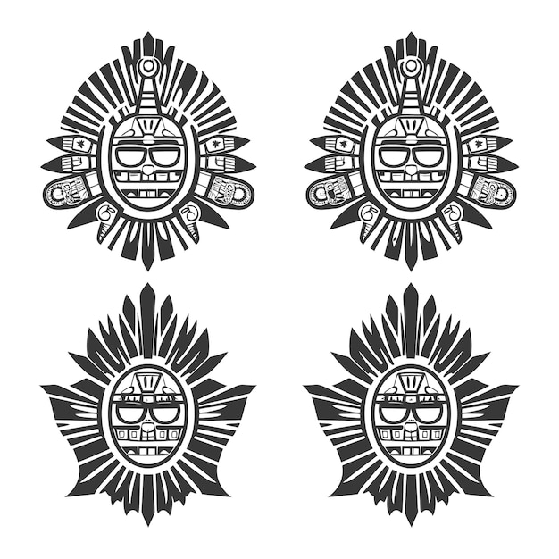 Vector four stylized black and white sun masks with geometric details