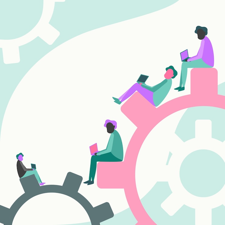 Vector four teammates drawing sitting on gears using laptop showing team progress colleagues design sits