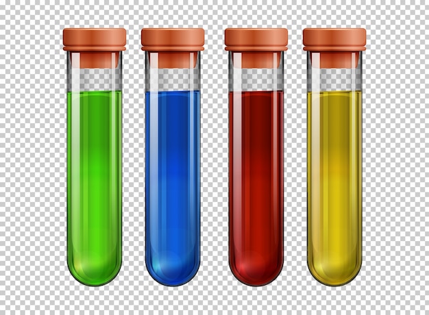 Four testtubes filled with colorful liquid