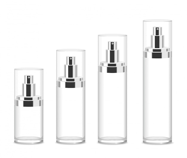 Four transparent cosmetic bottles.