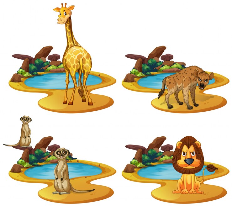 Premium Vector | Four types of animals by the pond