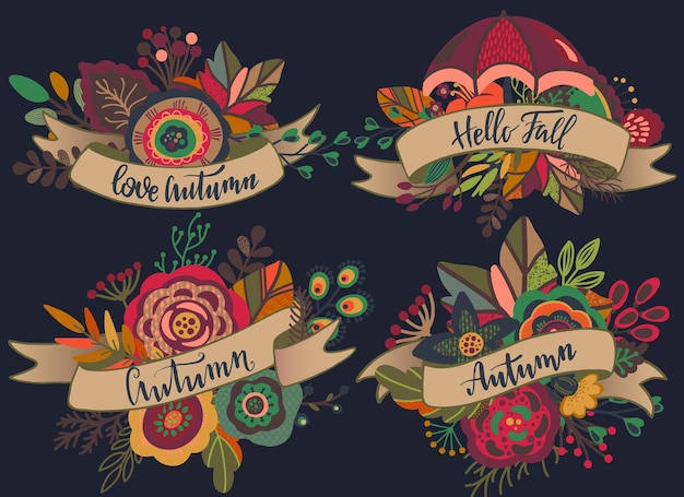 Four vector autumn bouquets with ribbons, lettering phrases. fall compositions for greeting card, invitation, poster with beautiful bright leaves, flowers, branches, berries.