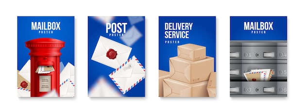 Vector four vertical realistic post poster set with mailbox post delivery service headlines vector illustration