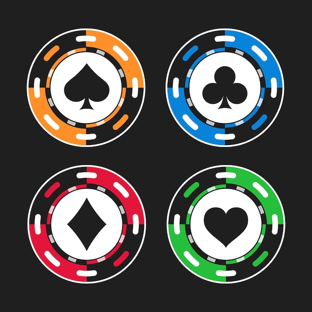 Four vibrant color poker chips adorned with the suits of playing cards spades diamonds clubs hearts