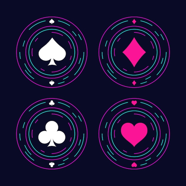 Quattro chip di poker al neon vibranti adornati con i colori delle carte da gioco isolati su uno sfondo scuro