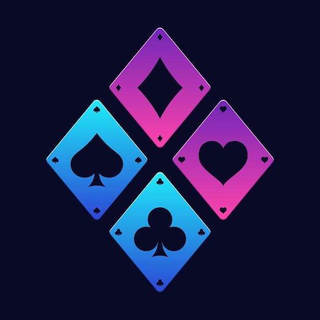 Vector four vibrant neon poker suits of playing cards spades diamonds hearts isolated on dark background