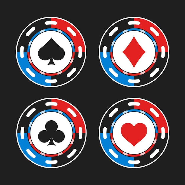 Four vibrant poker chips suits playing cards spades diamonds clubs hearts isolated dark background